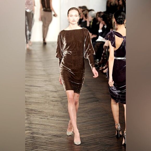 Ralph Lauren Collection * Fall 2009 Mocha Crushed Velvet Bateau Neck Dress - Picture 1 of 15